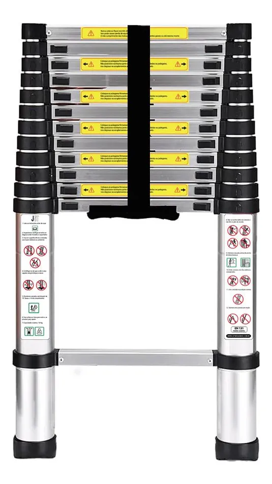 Escada Telescópica JST 13 Degraus Inox 3,8m Dobrável e Antiderrapante
