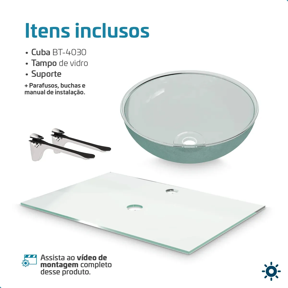 Kit Gabinete Lavatório de Vidro Suspenso para Banheiro 50x35 com Cuba de Apoio 29cm Transparente Beltempo