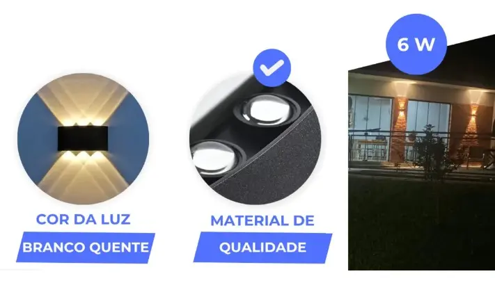 Kit 6 Arandelas Sobrepor Curva Externa 6leds 3000k Preta
